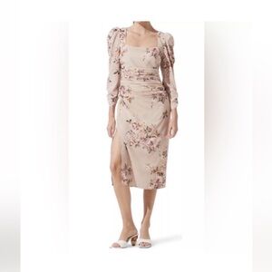 Astr The Label Beige Blush Floral Midi Dress with Puff Sleeves